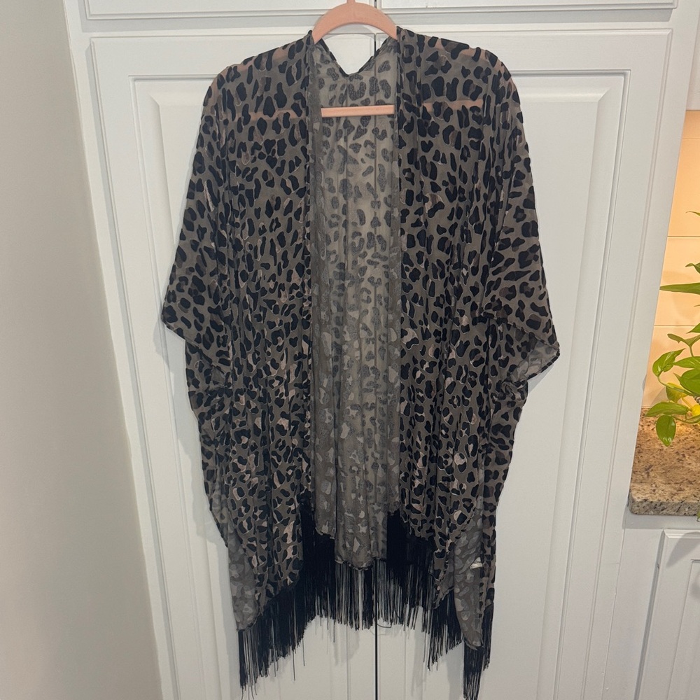 Chic Animal Print Kimono with Fringe